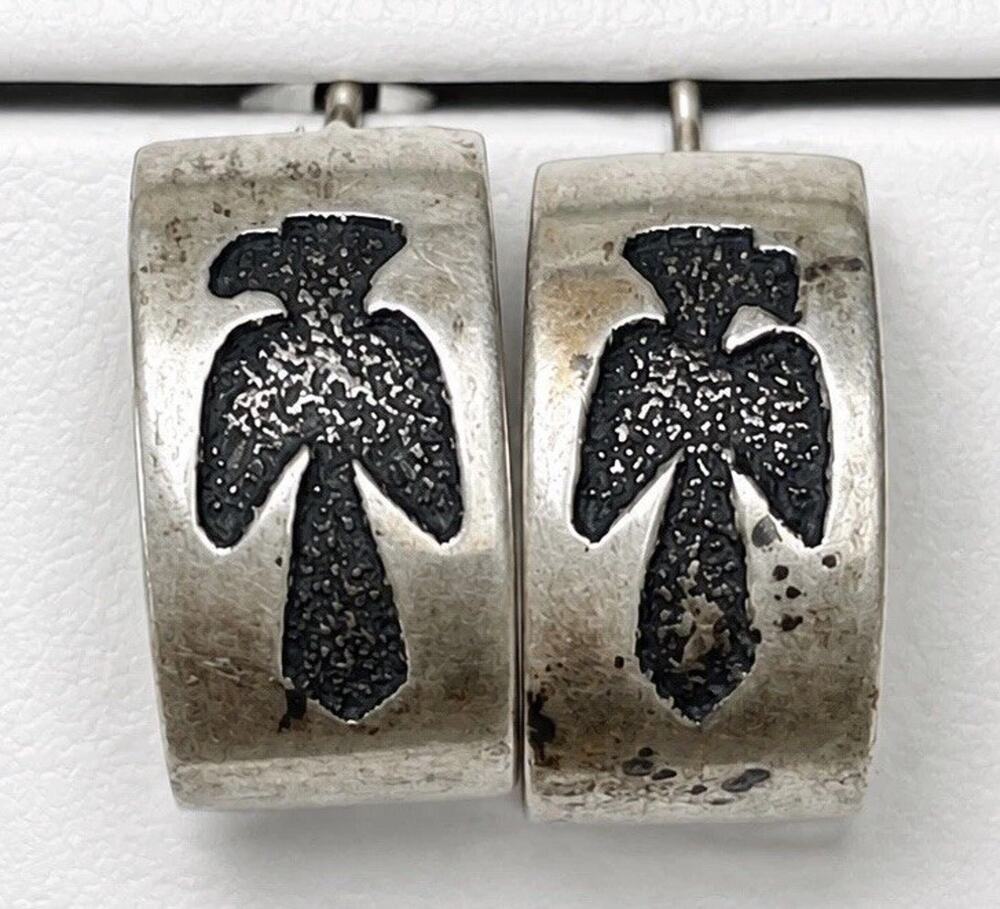 Vintage Navajo Sterling Silver Thunderbird Half Hoop Earrings Signed CT Native